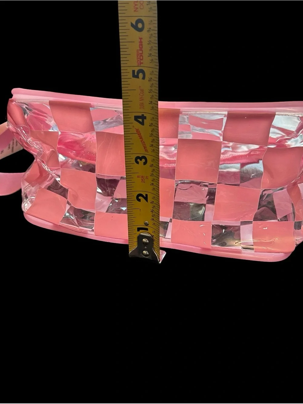 Clear Zippered Pouch Pink Checkered Transparent Cosmetic Case 8X6X4”